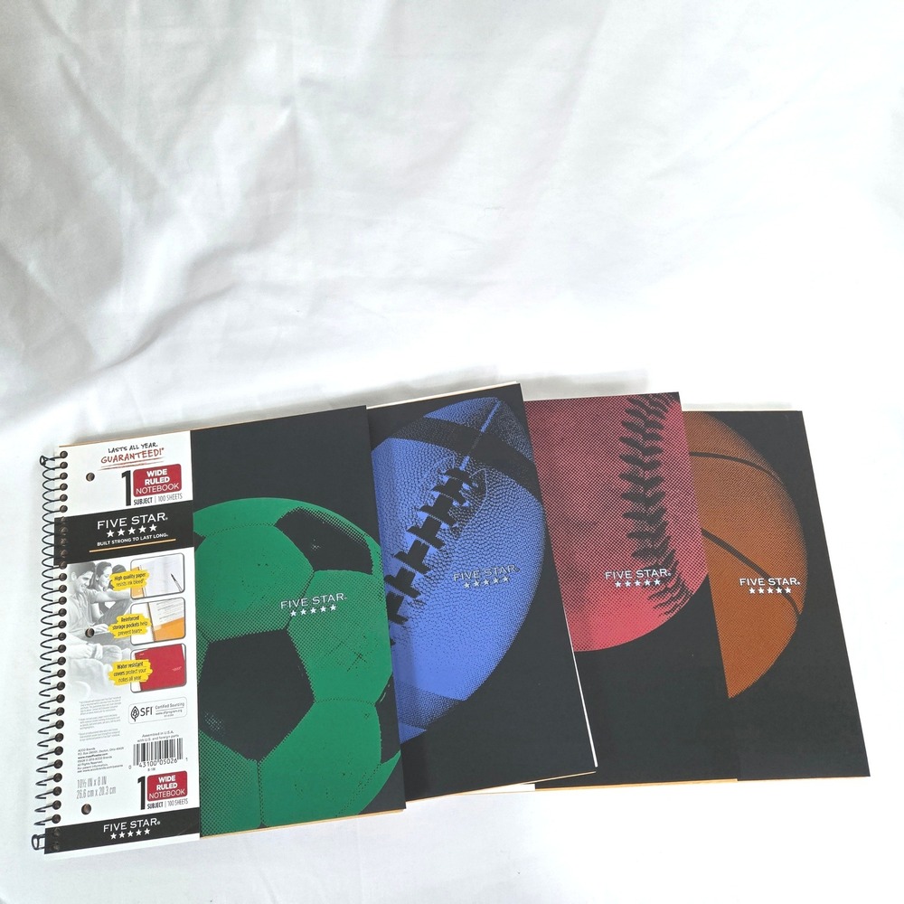 Five Star Sports Theme 1 Subject Wide Ruled 4Pack 100 Sheet Spiral Notebook NEW